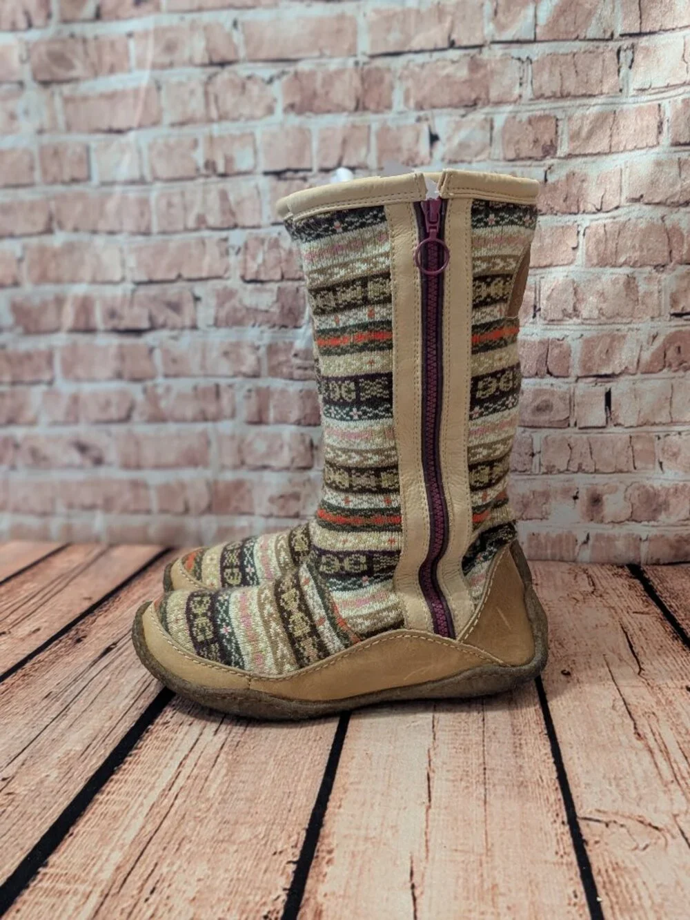 Sorel Norquay Patterned Tan Knit Mid-Calf Sweater Boots with Side Zip Size 8